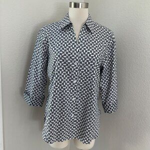 Foxcroft Womens Large Easy Care Shirt Black White Geometric Button Up 3/4 Sleeve